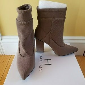 Halston taupe rib knit sock pull-on ankle bootie